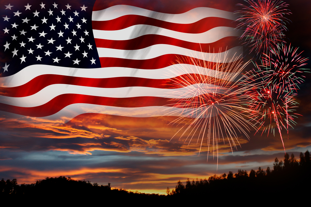 USA Flag on Fireworks Background. 4th of July Independence Day, Patriotic Holiday, Celebration Concept